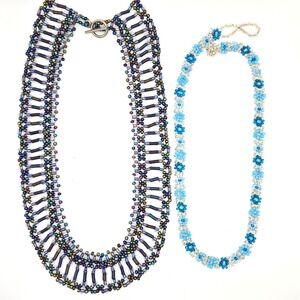 Handmade Seed Bead Necklace Set Iridescent Oil Slick Collar Blue Daisy Chain 2pc